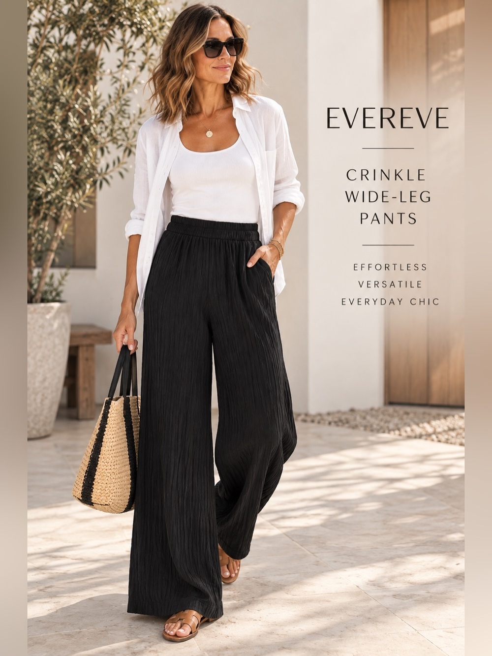 Evereve Black Crinkle Wide Leg Pull On Pants Elastic Waist Size Small